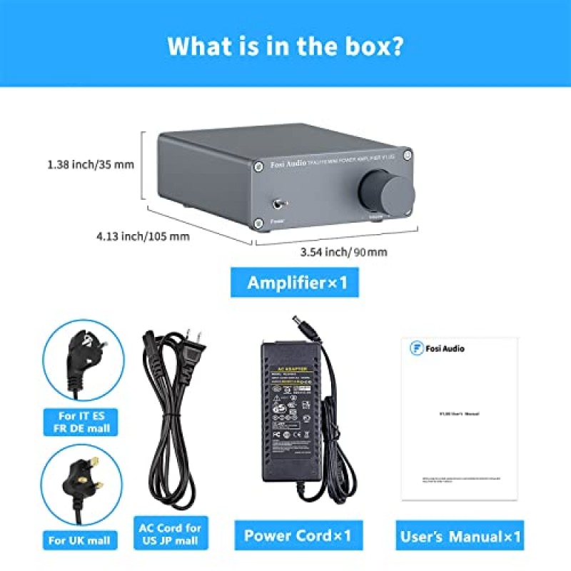 Fosi Audio V1.0G 홈 스피커용 2 채널 클래스 D 미니 스테레오 앰프 TPA3116 50W x 2(전원 공급 장치 포함)