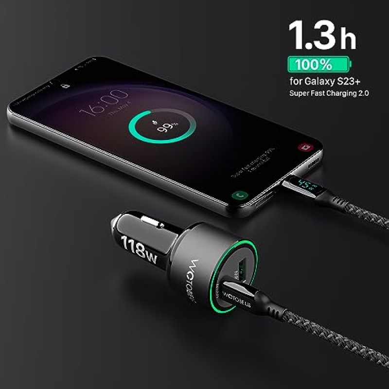 WOTOBEUS 118W USB C 차량용 충전기 | 금속 베이스 | PD 100W 및 PPS 45W 초고속 충전 | 듀얼 포트 | iPhone 15 14 13 iPad MacBook과 호환 가능 Samsung Galaxy S23 Pixel Android 휴대폰 Type-C 노트북