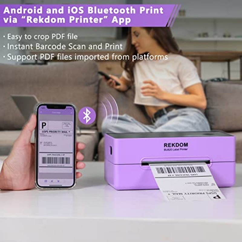 REKDOM Bluetooth 라벨 프린터 배송 패키지용 무선 열전사 프린터, iPhone, Android 및 Windows와 호환 가능, Amazon, Ebay, Etsy, USPS, Shopify 등 지원