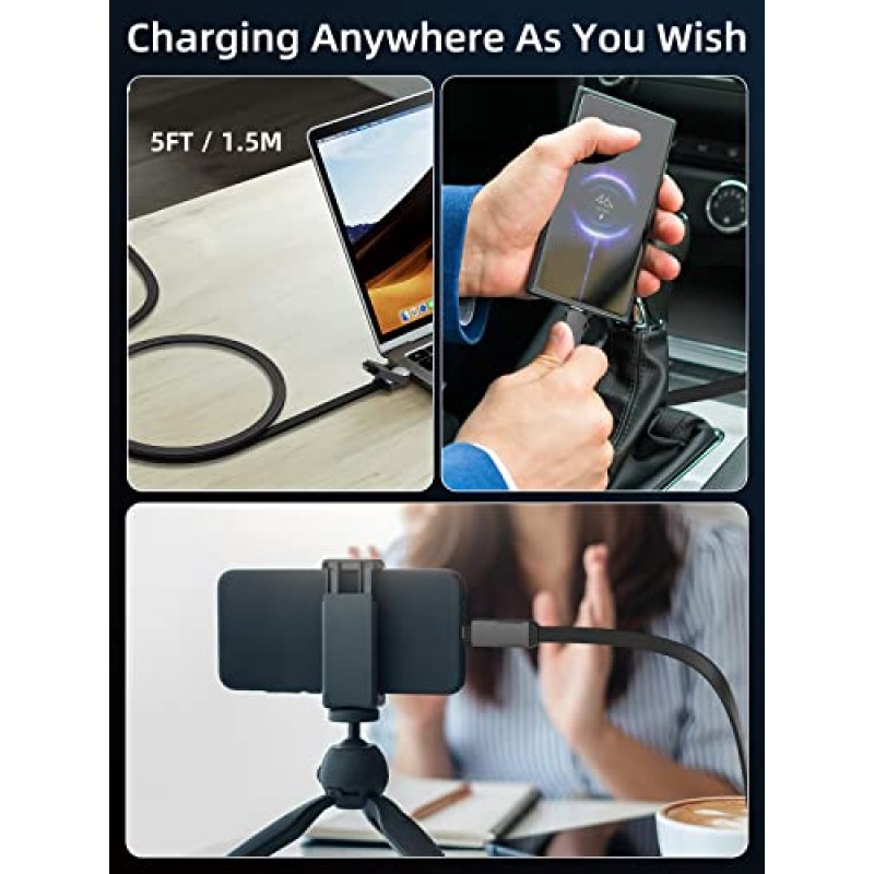 【5FT】 4-in-1 USB C 케이블 조명 케이블 PD 60W 고속 충전 및 데이터 동기화 자기 플랫 브레이드 아연 합금 휴대폰 충전기, 조명/타입 C/USB A 포트가 있는 iPad MacBook용 멀티 충전 케이블