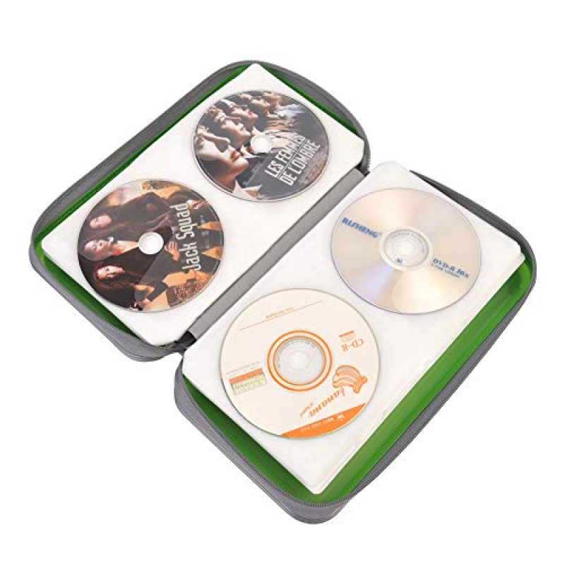 alavisxf xx CD 케이스, 96 용량 하드 플라스틱 CD 홀더 보호용 DVD 디스크 보관 케이스 홀더 자동차 홈 여행용 휴대용 지퍼 CD DVD 정리 보관 지갑 (96 용량, 녹색)