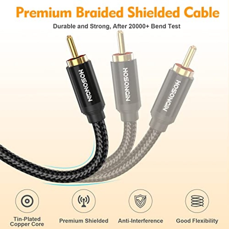 HOSONGIN RCA Y 분배기 1 남성 - 2 남성 오디오 케이블 2 팩, 검정색 면 브레이드 재킷 금도금 플러그 프리미엄 차폐 오디오 케이블, 길이 12인치