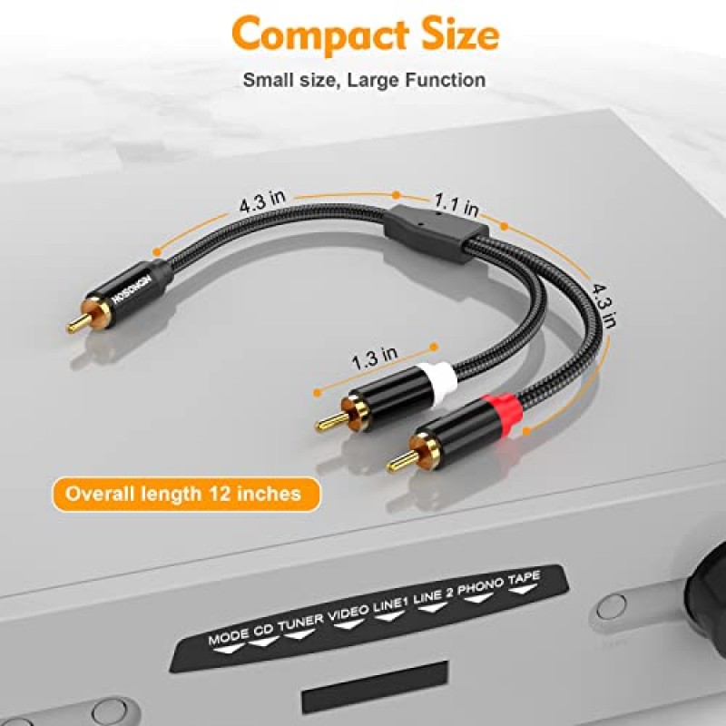 HOSONGIN RCA Y 분배기 1 남성 - 2 남성 오디오 케이블 2 팩, 검정색 면 브레이드 재킷 금도금 플러그 프리미엄 차폐 오디오 케이블, 길이 12인치