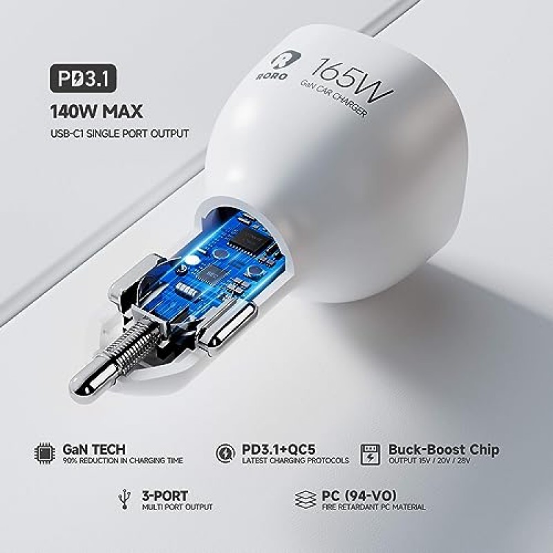 RORO 165W USB C 차량용 충전기 3 포트(140W PD3.1 PPS QC5 12V / 24V) 유형 C 초고속 충전 GaN 충전기 어댑터, 백색광, iPhone 15 14 13 12 iPad MacBook Pro 노트북 Thunderbolt USB-C