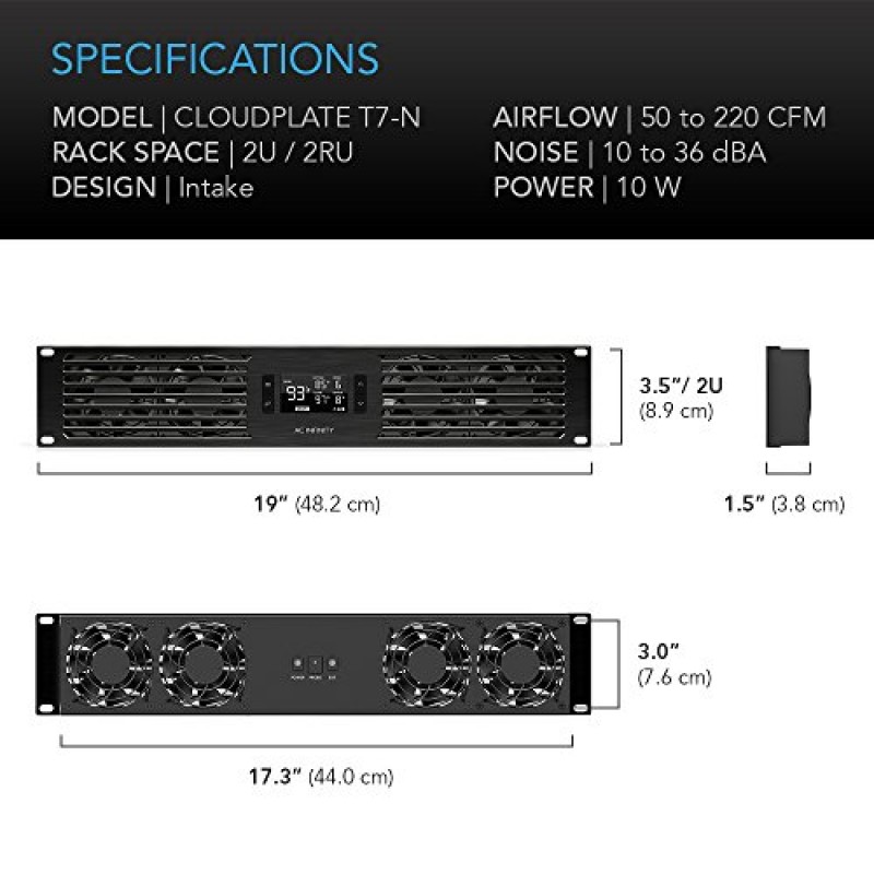 AC Infinity CLOUDPLATE T7-N, 랙 마운트 팬 패널 2U, 흡기 공기 흐름, AV 냉각용, 홈 시어터, 네트워크 19인치 랙