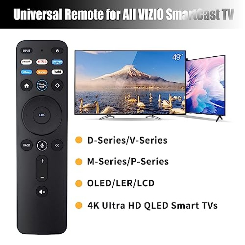 Vizio-Smart-TV-Remote용 음성 교체, Vizio TV V 시리즈/M 시리즈/P 시리즈용 XRT260, Netflix/Disney/Prime Video/Pluto/iHeart 라디오/Tubi/무료 시청 버튼 포함