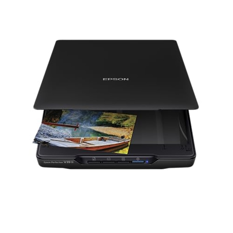 Epson Perfection V39 II 컬러 사진 및 문서 평판 스캐너(4800dpi 광학 해상도, 클라우드로 스캔, USB 전원, 고층, 탈착식 뚜껑 포함)