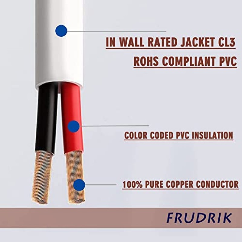 FRUDRIK 스피커 와이어 - 99.9% 무산소 구리 - ETL 등록 및 CL3 실내 스피커 케이블(16/2흰색, 100FT)