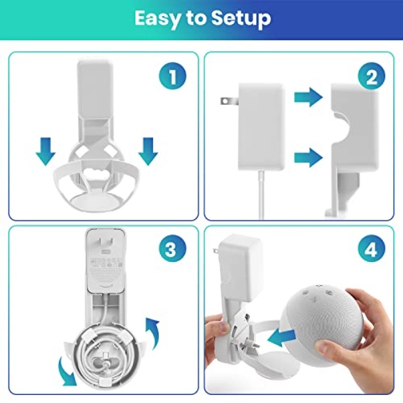 Echo Dot 5세대(2022년 출시)용 FUQINTOP 벽걸이 홀더, Echo Dot 5세대 및 4세대용 콘센트 걸이, 공간 절약형 Dot 5 액세서리 내장 케이블 관리, 흰색