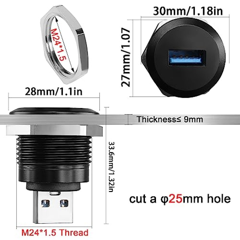 QIANRENON USB3.0 남성-여성 스레드 고정 어댑터 5Gbps USB3.0 플러그-소켓 원형 방수 변환기 USB3.0 데이터 커넥터 마운트 소켓, USB 데이터 전송/충전용