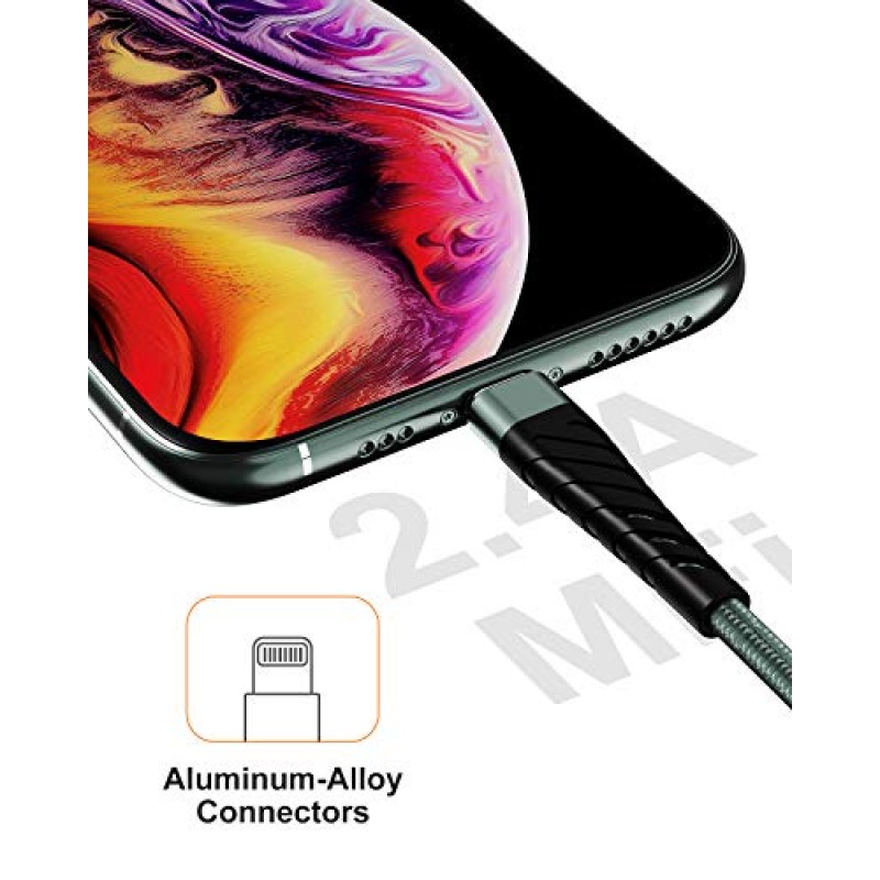 [MFi 인증]용 긴 iPhone 충전기 케이블(2팩) CyvenSmart 6피트 번개 케이블 iPhone 11/11 Pro/11 Pro Max/XS/XS Max/XR/X/8/8 Plus/용 고속 충전 코드 6피트 7/7 플러스-아미 그린