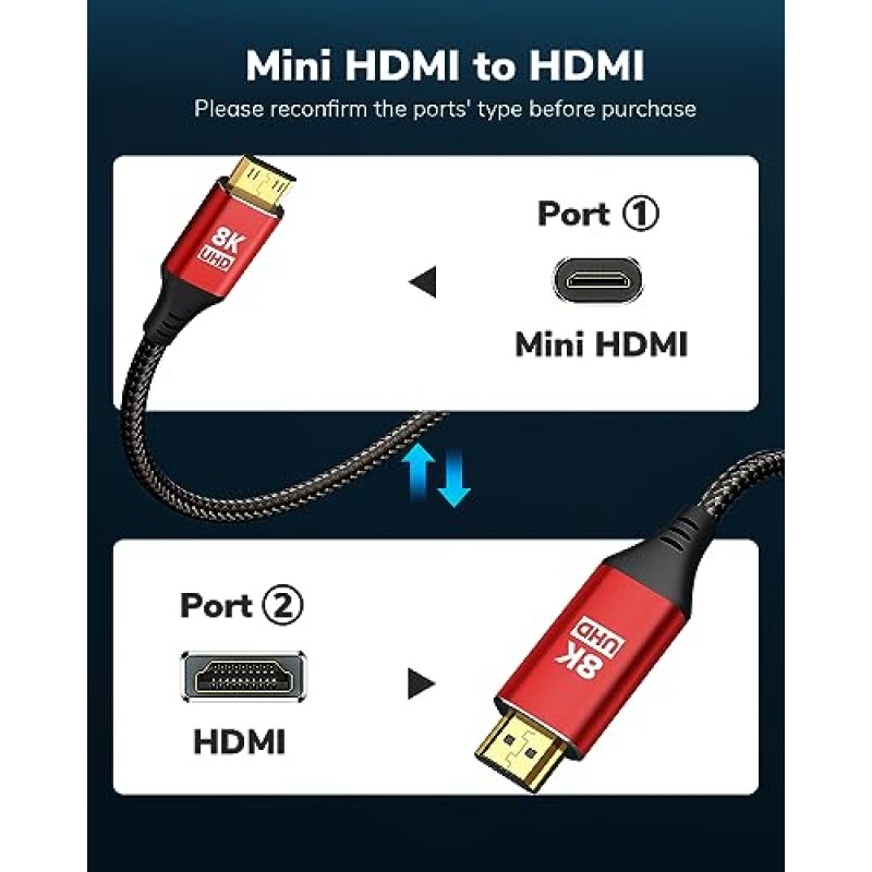 KELink 미니 HDMI - HDMI 케이블 10FT, 고속 8K@60Hz 4K@120Hz HDMI 2.1 코드, 카메라, 캠코더, 태블릿 및 그래픽/비디오 카드, 노트북, Raspberry Pi Zero W와 호환 가능