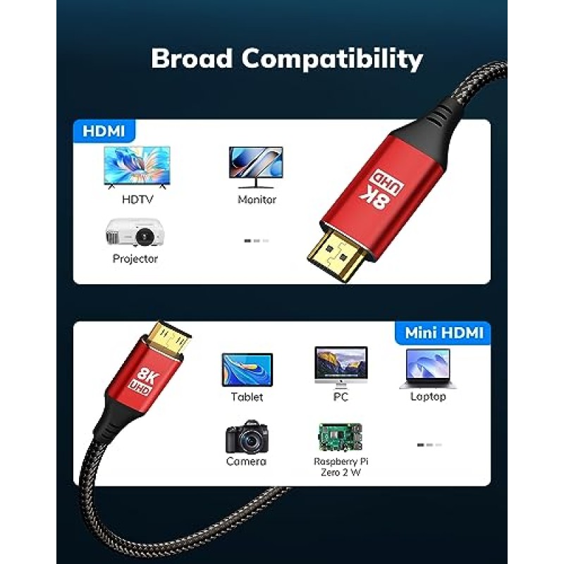 KELink 미니 HDMI - HDMI 케이블 10FT, 고속 8K@60Hz 4K@120Hz HDMI 2.1 코드, 카메라, 캠코더, 태블릿 및 그래픽/비디오 카드, 노트북, Raspberry Pi Zero W와 호환 가능