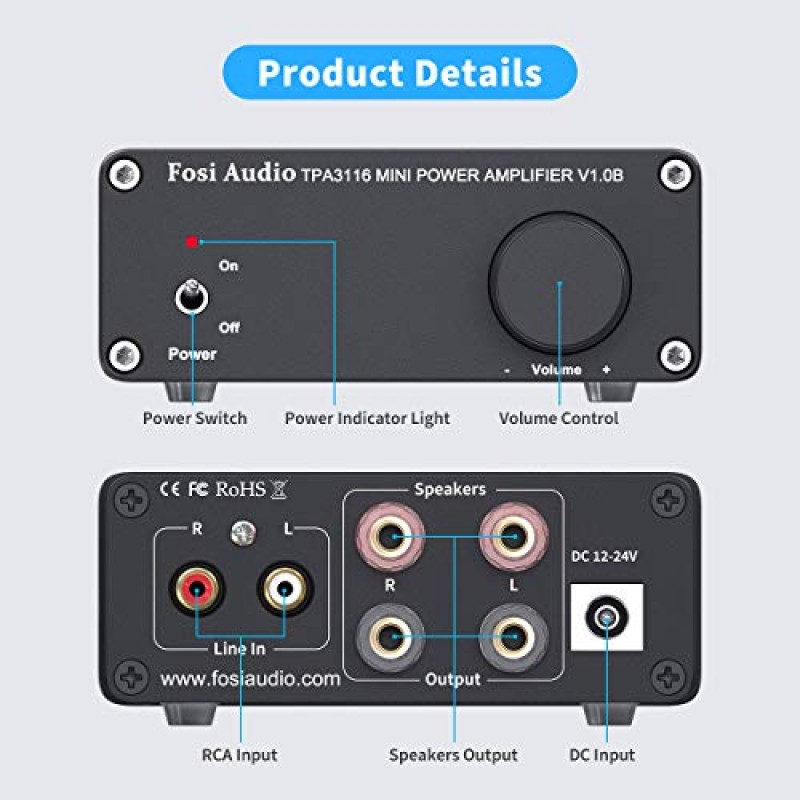 Fosi Audio V1.0B 2 채널 증폭기 스테레오 오디오 앰프 미니 Hi-Fi 클래스 D 가정용 스피커용 통합 TPA3116 앰프 50W x 2, 19V 4.74A 전원 공급 장치