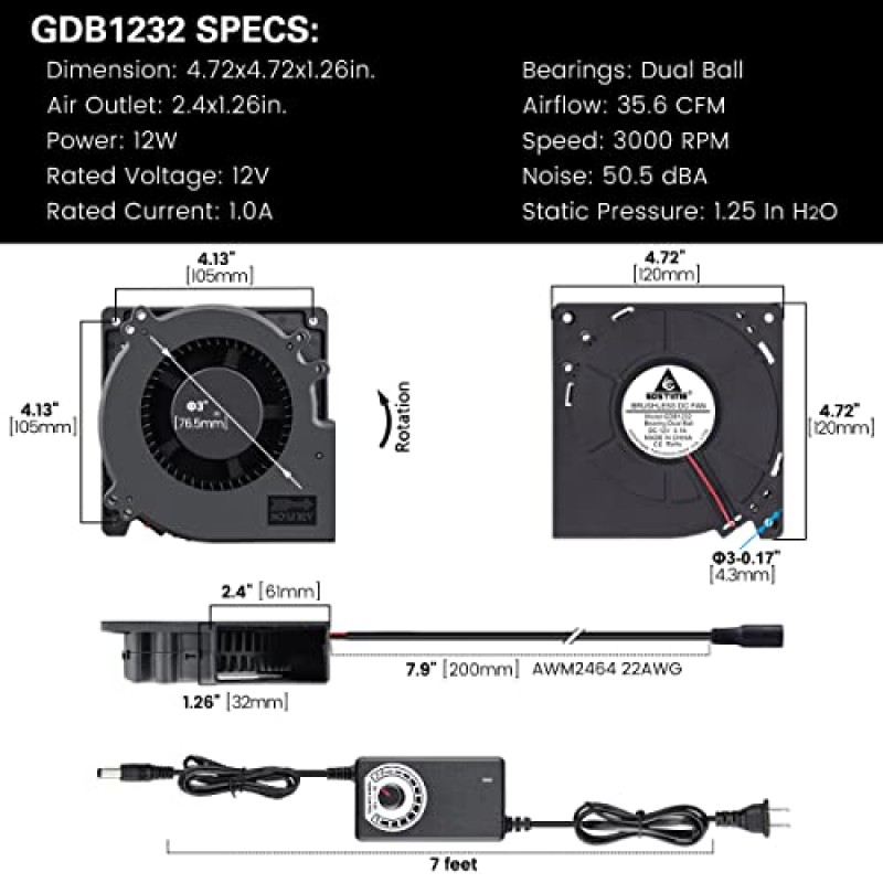 GDSTIME 120mm 송풍기 팬, 속도 제어 기능이 있는 AC 110V 220V DC 12V 전원 팬, 수신기 DVR Xbox 모뎀 AV 캐비닛 냉각용