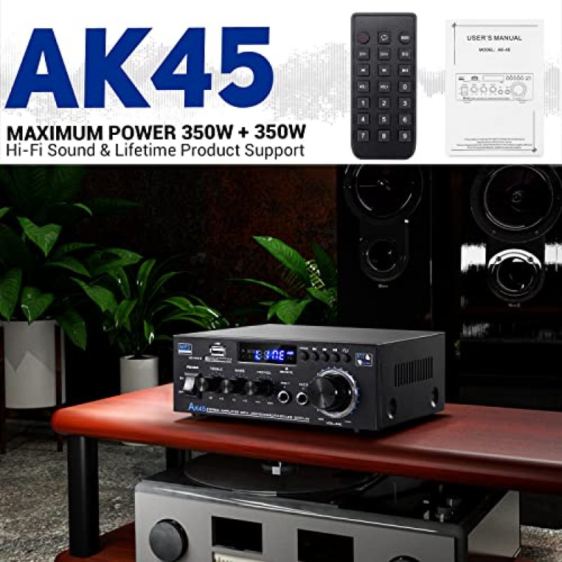 Facmogu AK45 무선 Bluetooth 스테레오 전력 증폭기, 최대 350Wx2 RMS 40Wx2, 홈 스피커용 듀얼 채널 Bluetooth 5.0 HiFi 디지털 증폭기, 저음 고음 제어, RCA, USB, 마이크 입력, FM 라디오 포함