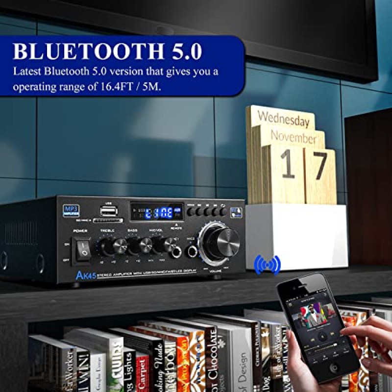 Facmogu AK45 무선 Bluetooth 스테레오 전력 증폭기, 최대 350Wx2 RMS 40Wx2, 홈 스피커용 듀얼 채널 Bluetooth 5.0 HiFi 디지털 증폭기, 저음 고음 제어, RCA, USB, 마이크 입력, FM 라디오 포함