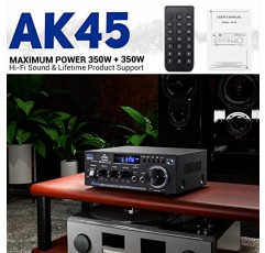 Facmogu AK45 무선 Bluetooth 스테레오 전력 증폭기, 최대 350Wx2 RMS 40Wx2, 홈 스피커용 듀얼 채널 Bluetooth 5.0 HiFi 디지털 증폭기, 저음 고음 제어, RCA, USB, 마이크 입력, FM 라디오 포함