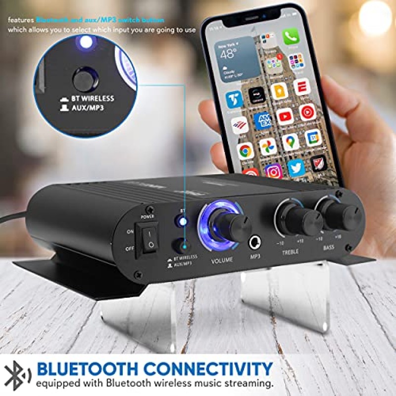 Pyle 무선 Bluetooth 홈 오디오 증폭기 - 90W 듀얼 채널 미니 휴대용 전원 스테레오 사운드 수신기(스피커 선택기, RCA, AUX, LED, 12V 어댑터 포함) - iPad, iPhone, PA, 스튜디오 사용 - PFA330BT