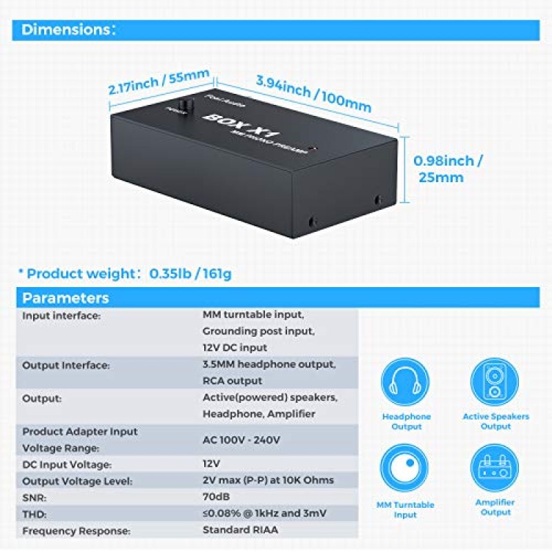 Fosi Audio Box X1 MM 턴테이블용 포노 프리앰프 미니 스테레오 오디오 Hi-Fi 축음기/레코드 플레이어 프리앰프(3.5MM 헤드폰 및 DC 12V 전원 공급 장치가 있는 RCA 출력 포함)