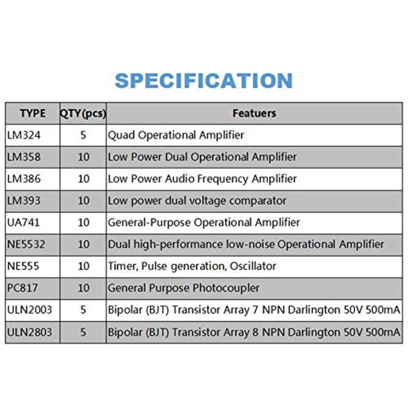 Bridgold 85 개 10 가지 유형 집적 회로 칩 분류 키트, opamp, 단일 정밀 타이머, pwm, 포함: LM324 LM358 LM386 LM393 UA741 NE5532 NE555 PC817 ULN2003 ULN2803.