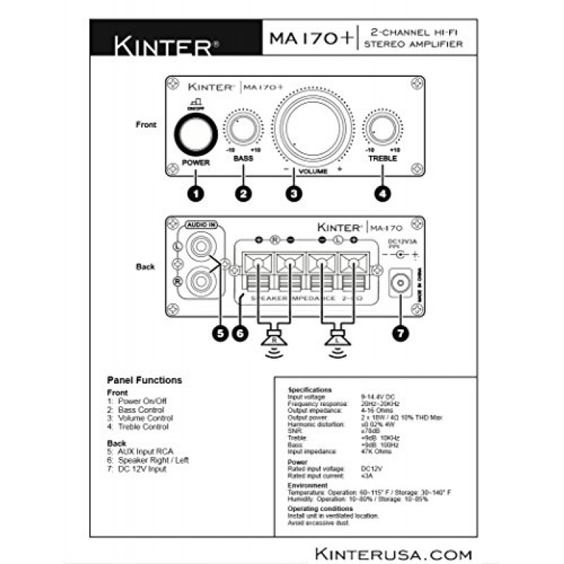 Kinter MA170+ 2채널 자동 홈 사이클 아케이드 DIY 2x18 W 미니 앰프 저음 고음 RCA 입력 오디오 미니 앰프(12V 3A 전원 공급 장치 포함) 검정색