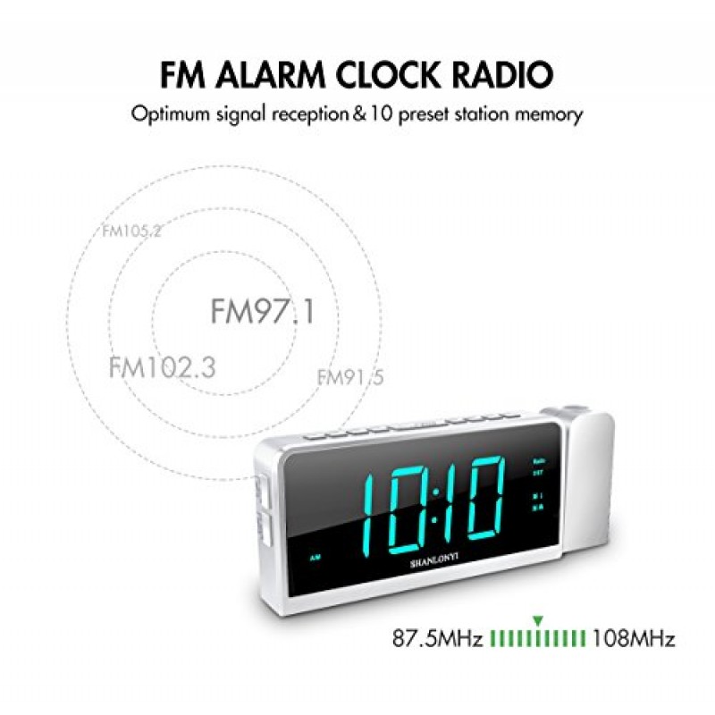 AM/FM 라디오가 포함된 SHANLONYI 프로젝션 알람 시계, 180° 프로젝터, 7인치 LED 디스플레이, DST, USB 충전 포트, 조광기 3개, 듀얼 알람, 배터리 백업 - 선명한 청록색 숫자, 침실에서 사용하기 용이함