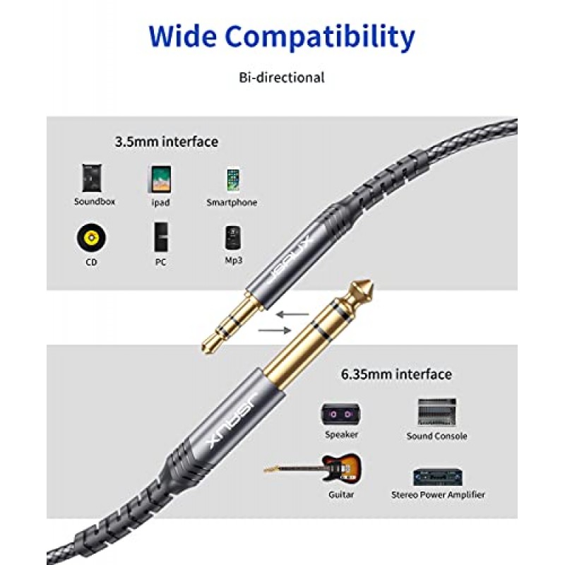 3.5mm ~ 6.35mm 스테레오 오디오 케이블, 기타, iPod, 노트북, 홈 시어터 장치, 스피커 및 증폭기용 JSAUX 6.35mm 1/4