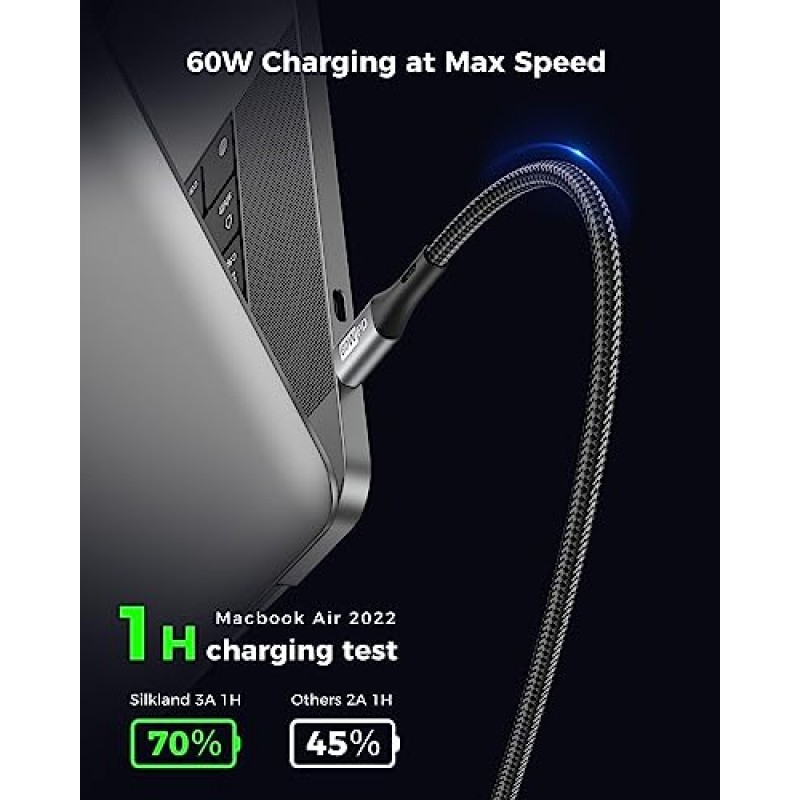 Silkland USB C-USB C 충전기 케이블 60W 고속 충전, 3팩[6.6피트+6.6피트+3.3피트], 유형 C-유형 C USBC-USBC 충전 코드 삼성 S23 S22 S21 Note 20 Ultra, iPad, Google Pixel과 호환 가능