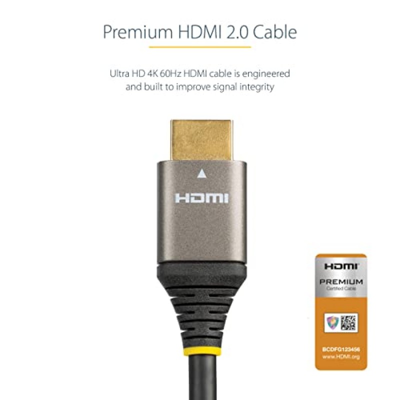 StarTech.com 3피트(1m) 프리미엄 인증 HDMI 2.0 케이블 - 고속 Ultra HD 4K 60Hz 이더넷 지원 HDMI 케이블 - HDR10, ARC - UHD HDMI 비디오 코드 - UHD 모니터, TV, 디스플레이용 - M/M(HDMMV1M)