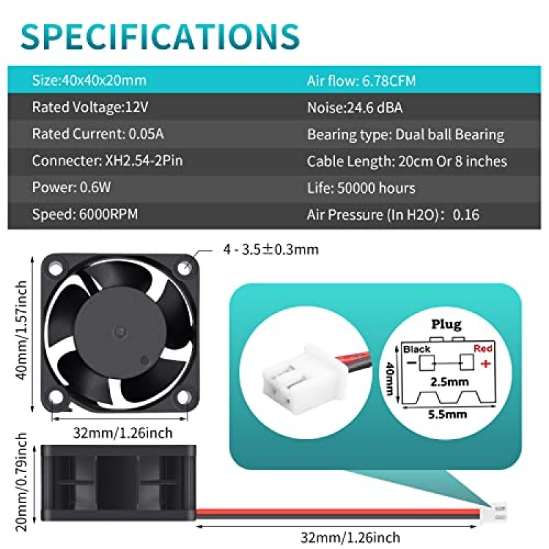 Wathai 40mm x 20mm 12V 듀얼 볼 베어링 DC 브러시리스 냉각 팬, 12 볼트 PSU 교체, DIY 소형 전자 장비 냉각