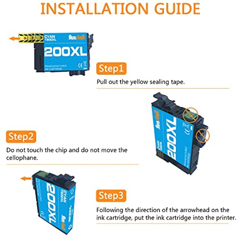 Run Star 2 팩 200XL 시안색 재생 잉크 카트리지 교체용 Epson 200XL용 Epson Expression Home XP-200 XP-300 XP-310 XP-400 XP-410 Workforce WF-2520 WF-2530 WF-2540 프린터(시안색 2개)