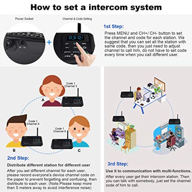 가정용 1마일 범위 22채널 100 디지털 코드 디스플레이 화면용 Wuloo Intercoms 무선, 가정용 비즈니스 사무실용 무선 인터콤 시스템, 방 간 인터콤 통신(2스테이션, 검정색)
