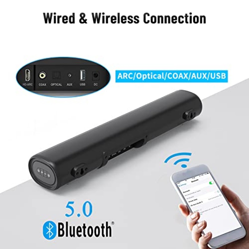 littoak TV용 소형 사운드바, Bluetooth 5.0/HDMI/광/USB/AUX/동축 연결 기능이 있는 사운드바, 홈시어터용 50W 16인치 사운드바, 벽걸이형(SE04)