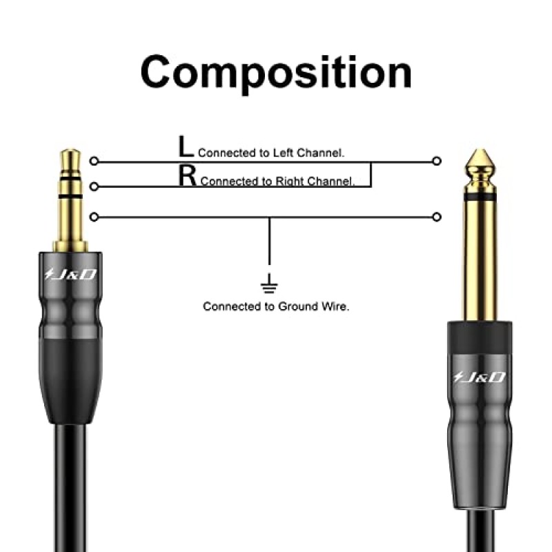 J&D 1/4인치 TS ~ 3.5mm TRS 케이블, 견고한 구리 쉘 6.35mm 1/4인치 수 ~ 3.5mm 1/8인치 수 모노 상호 연결 스테레오 Aux 잭 어댑터 케이블, 9.8피트