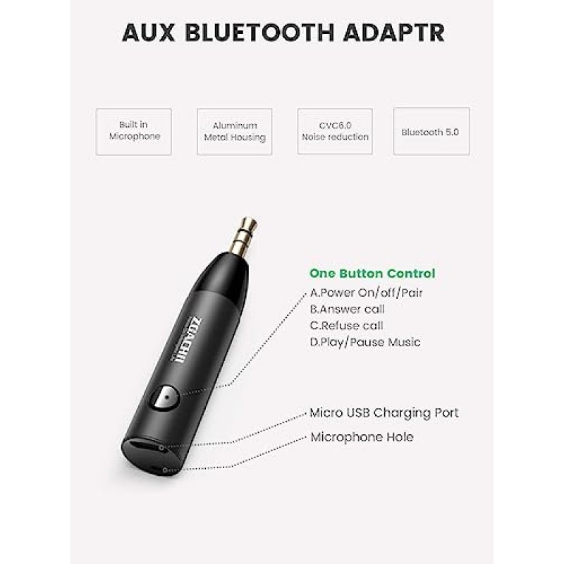 차량용 Bluetooth Aux 어댑터 - ZOACHII 무선 오디오 Bluetooth 5.0 수신기(핸즈프리 통화/마이크 내장), 차량용 3.5mm 잭 포함 트럭 스테레오 홈 음악 스트리밍 헤드폰 스피커[1개]