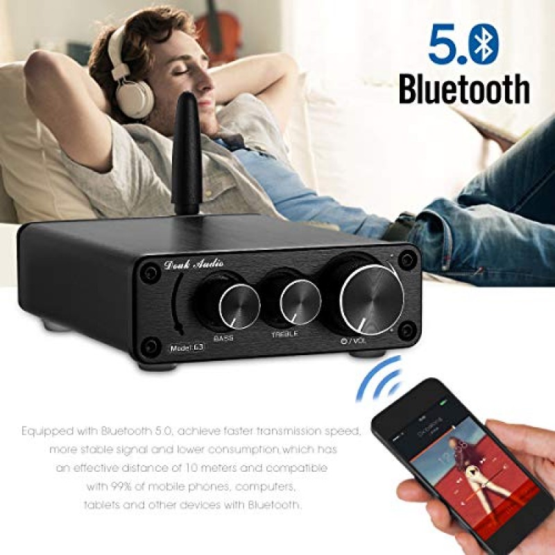 Douk Audio G3 2채널 Bluetooth 5.0 증폭기, 클래스 D 스테레오 오디오 증폭기, 미니 홈 시어터 파워 앰프, 디지털 전력 증폭기 수신기, 100W, 고음 및 저음 제어(검은색)