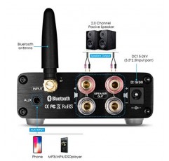 Douk Audio G3 2채널 Bluetooth 5.0 증폭기, 클래스 D 스테레오 오디오 증폭기, 미니 홈 시어터 파워 앰프, 디지털 전력 증폭기 수신기, 100W, 고음 및 저음 제어(검은색)
