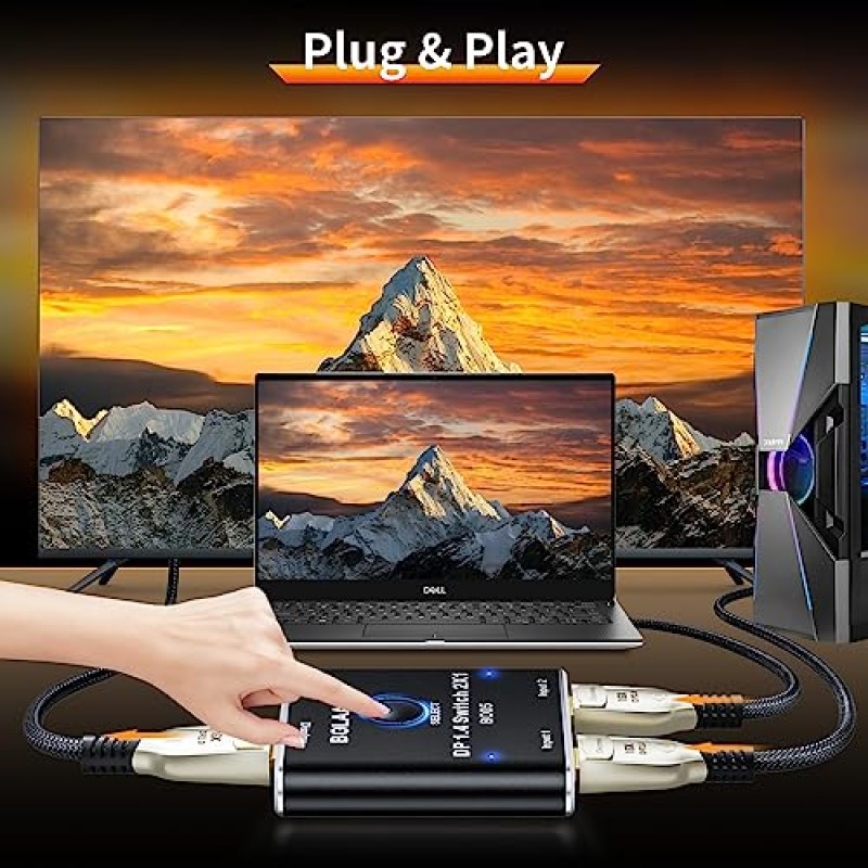 BolAAzuL DisplayPort 스위치 8K 2 in 1 출력, 디스플레이 포트 1.4 분배기 스위처 선택기 상자 - 8K@60Hz, 5K@120Hz, 4K@144Hz, 2K@165Hz - PC 호스트 모니터 노트북용 이퀄라이저 포함 단방향|플러그 앤 플레이|