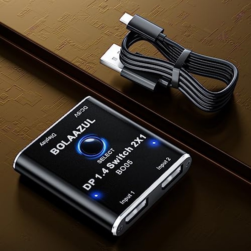 BolAAzuL DisplayPort 스위치 8K 2 in 1 출력, 디스플레이 포트 1.4 분배기 스위처 선택기 상자 - 8K@60Hz, 5K@120Hz, 4K@144Hz, 2K@165Hz - PC 호스트 모니터 노트북용 이퀄라이저 포함 단방향|플러그 앤 플레이|