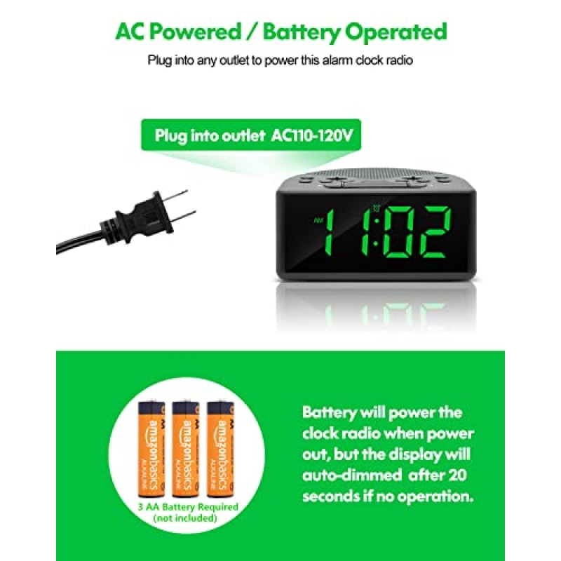 AM/FM 라디오, 이어폰 포트, 읽기 쉬운 1.4인치 LED 숫자, 사전 설정, 수면 타이머, 조광기, 스누즈 및 배터리 백업을 갖춘 침실용 Ratakee 디지털 알람 시계 라디오, 플러그인/배터리 구동