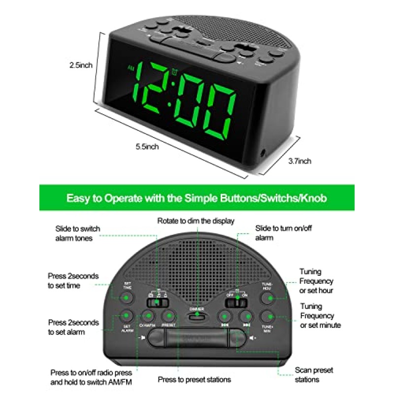 AM/FM 라디오, 이어폰 포트, 읽기 쉬운 1.4인치 LED 숫자, 사전 설정, 수면 타이머, 조광기, 스누즈 및 배터리 백업을 갖춘 침실용 Ratakee 디지털 알람 시계 라디오, 플러그인/배터리 구동