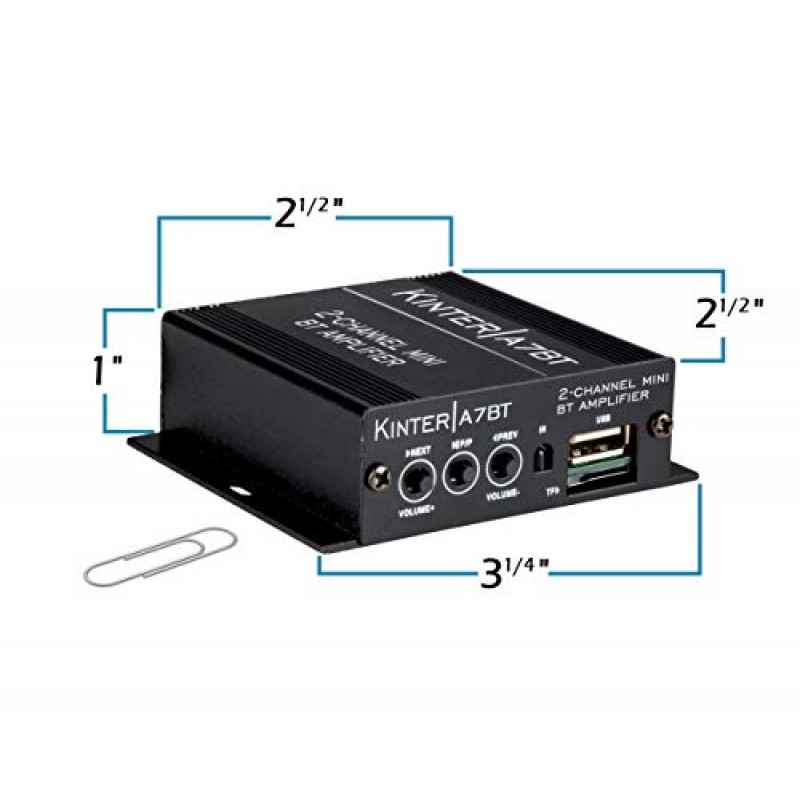 Kinter A7BT 2채널 2 x 20와트 가정용 자동 오토바이용 미니 블루투스 증폭기 IR 원격 핸들바 장착 제어 USB MP3 포함 - 12V 전원 공급 장치 포함