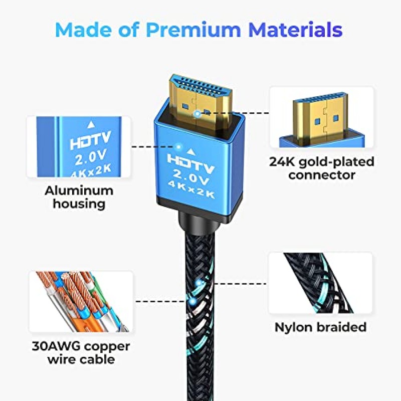 ELECTCOM PRO 4K 고속 HDMI 케이블, 알루미늄 쉘 및 편조 나일론 및 금 커넥터, 4K@60Hz UHD HDR HDMI 2.0 케이블, 이더넷, PS4, 블루레이, 프로젝터, 모니터, HDTV - 6피트와 호환 가능