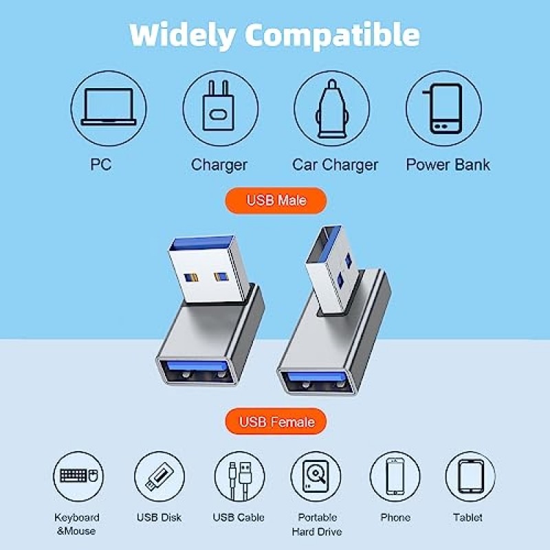 AreMe 90도 USB 3.0 어댑터 4팩, 위아래 각도, 왼쪽 및 직각 USB A 수-암 변환기 확장기(PC, 노트북, USB A 충전기, 보조베터리 등)