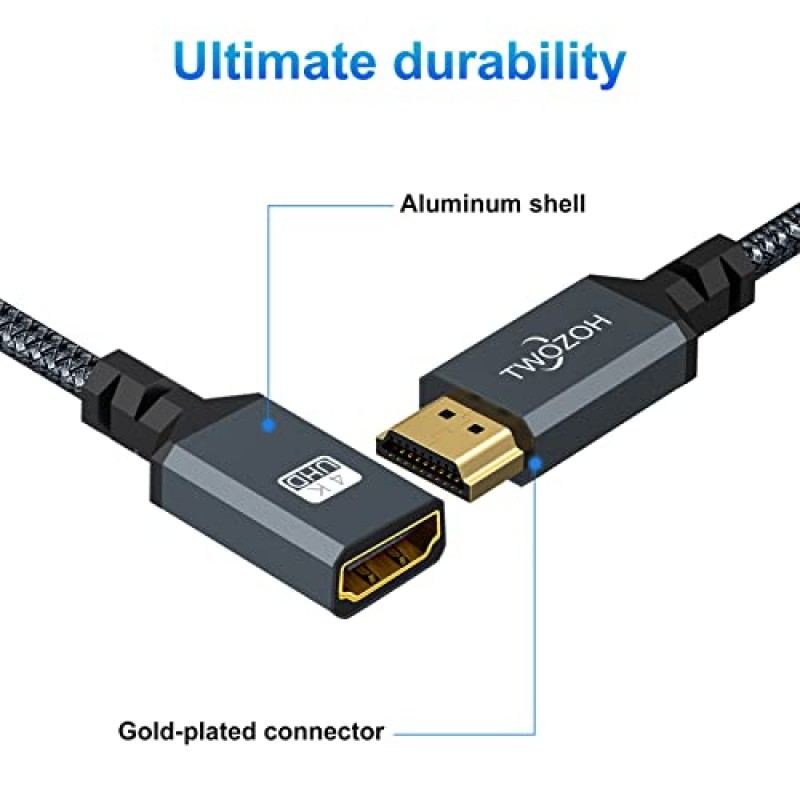 Twozoh HDMI 연장 케이블 1FT, HDMI 남성-여성 HDMI 코드, 나일론 편조 HDMI 연장 케이블, HDMI 2.0 케이블 어댑터 지원 4K@60Hz 3D HDR