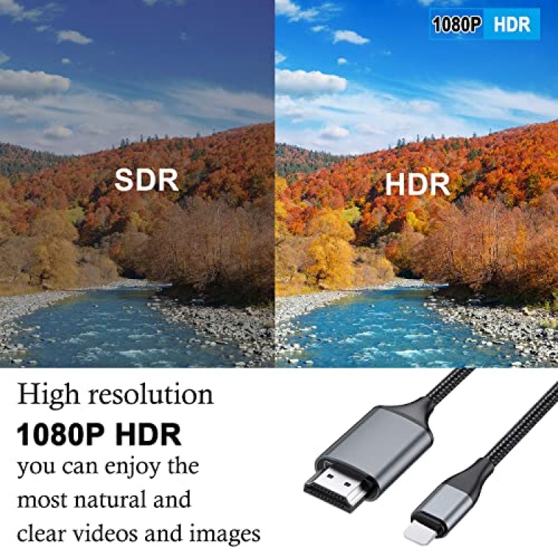 iPhone용 JUCONU HDMI 케이블, 업그레이드된 1080P HDTV HDMI 케이블 어댑터 커넥터, iPhone/i-Pad 장치용 디지털 AV 비디오 동기화 화면 호환 변환기, 전원 공급 장치 필요 없음(6.6피트, 회색)