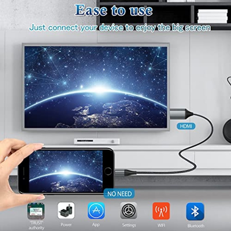 iPhone용 JUCONU HDMI 케이블, 업그레이드된 1080P HDTV HDMI 케이블 어댑터 커넥터, iPhone/i-Pad 장치용 디지털 AV 비디오 동기화 화면 호환 변환기, 전원 공급 장치 필요 없음(6.6피트, 회색)