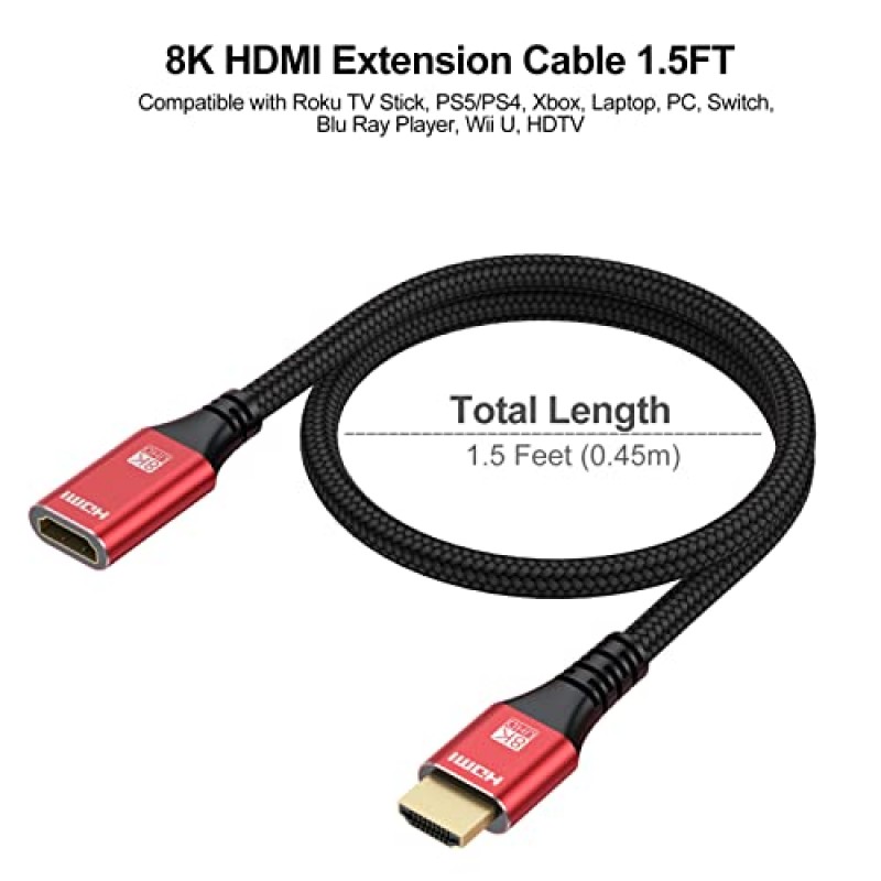 HDMI 연장기 8K HDMI 연장 케이블 1.5FT 5팩, HDMI 2.1 암수 어댑터 연장 코드 8K@60Hz, 4K@120Hz, 2K,3D,HDR Roku TV 스틱, HDTV, PS5/PS4, 노트북, 모니터, 프로젝터와 호환 가능