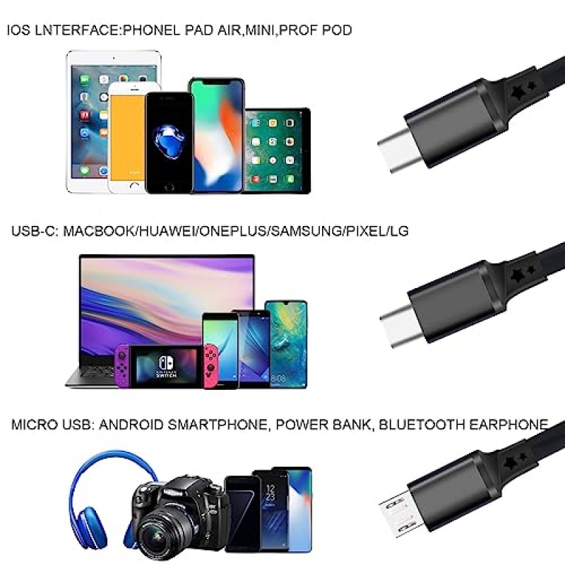 Aywenny [2023 업그레이드된 3팩 다중 접이식 충전 케이블, USB C/마이크로 USB/전화 포트가 있는 3 in 1 USB 충전 케이블, 전화용 3.3FT 충전 케이블 15 14 13 12 11 XS XR X 8 7 6 SE,Galaxy